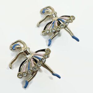 Ballet Brooch, Pair, Ballerina, 1950s, Rhinestone, Enamel, Pink, Blue, Vintage